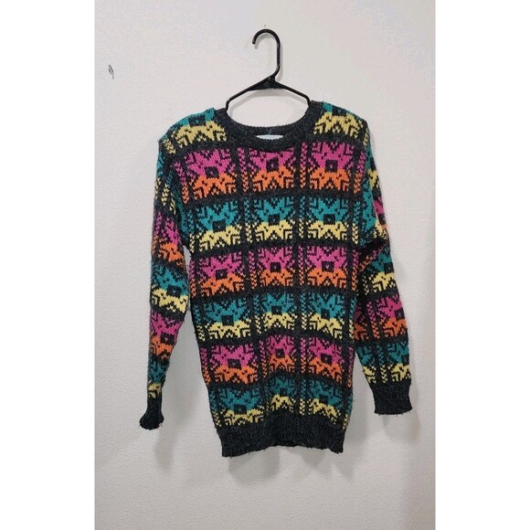 Vintage Croquet Club Multicolored Pastel Sweater Sz S Preppy  90s Shoulder Pads - Picture 1 of 6